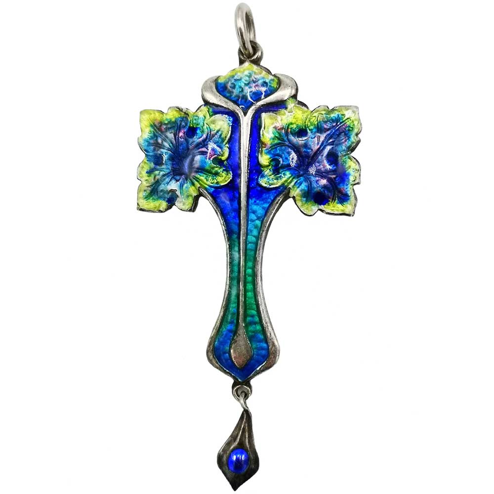 Pendentif Ancien Argent Massif 925 Art Déco/Nouveau - Émaillé Bleu, Occasion Porté