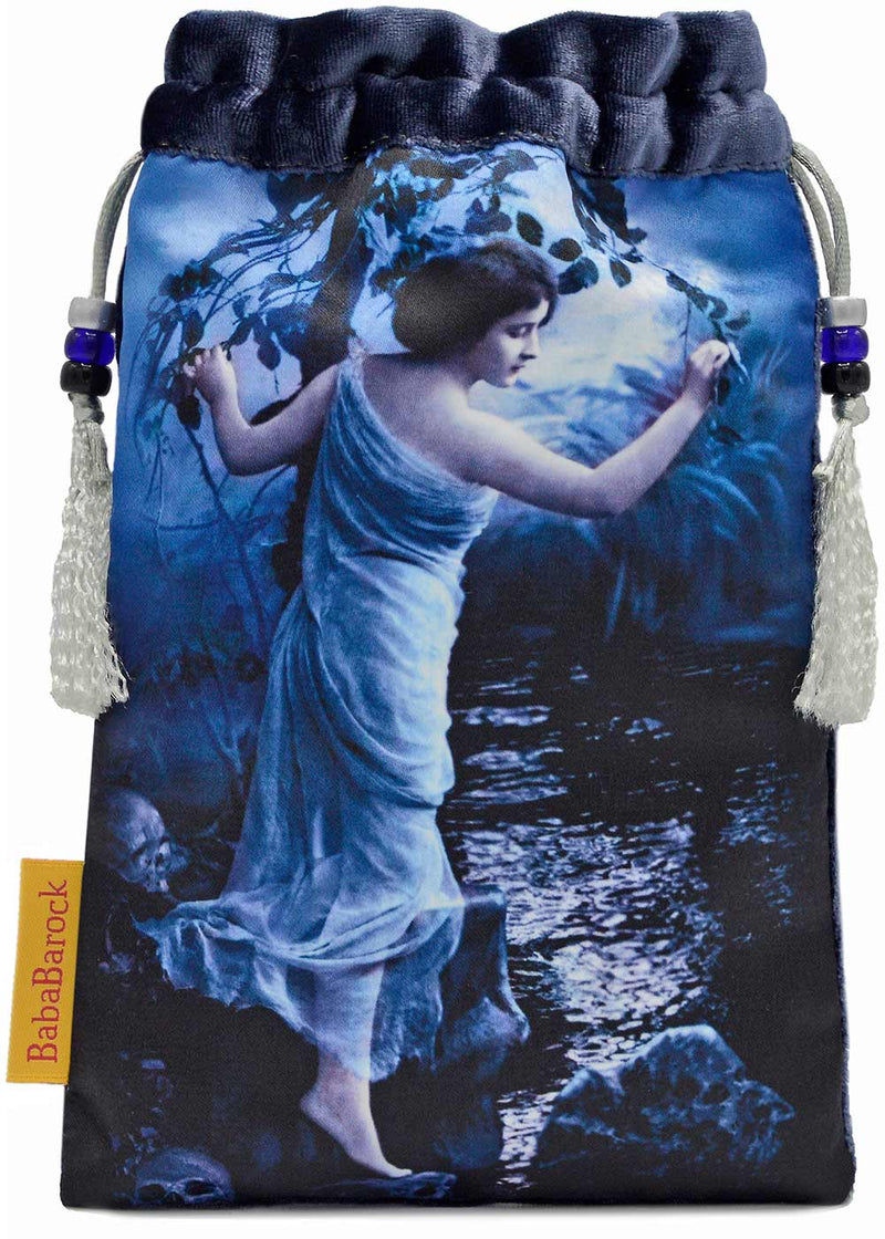 Bohemian Gothic Tarot - The World printed tarot bag in dark blue silk velvet