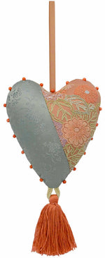 Love Heart Charm in Japanese kimono & antique brocade - natural coral beads