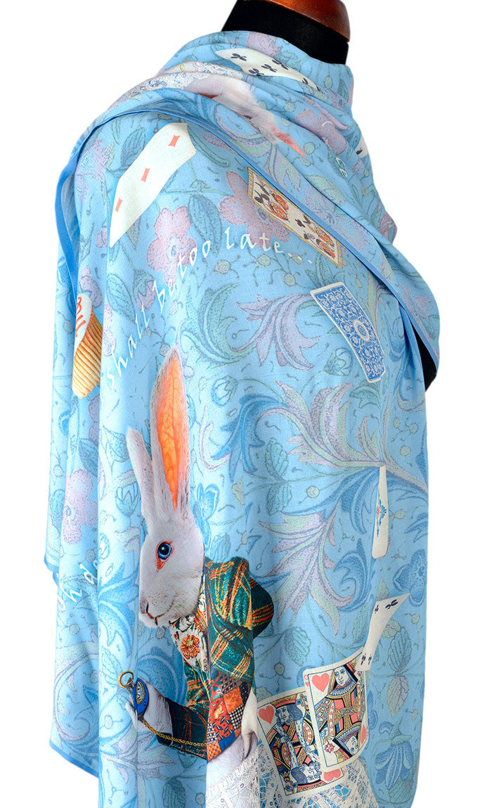 White Rabbit scarf by Baba Studio. Printed Alice in Wonderland scarves / wraps in viscose