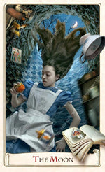The Moon card, Alice Tarot by Baba Studio, down the rabbit hole, Alice in Wonderland tarot deck