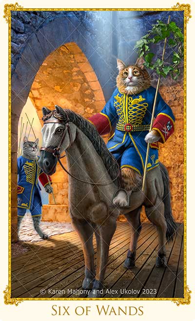 The Six of Wands cat tarot card. The Bohemian Cats Theatre Tarot