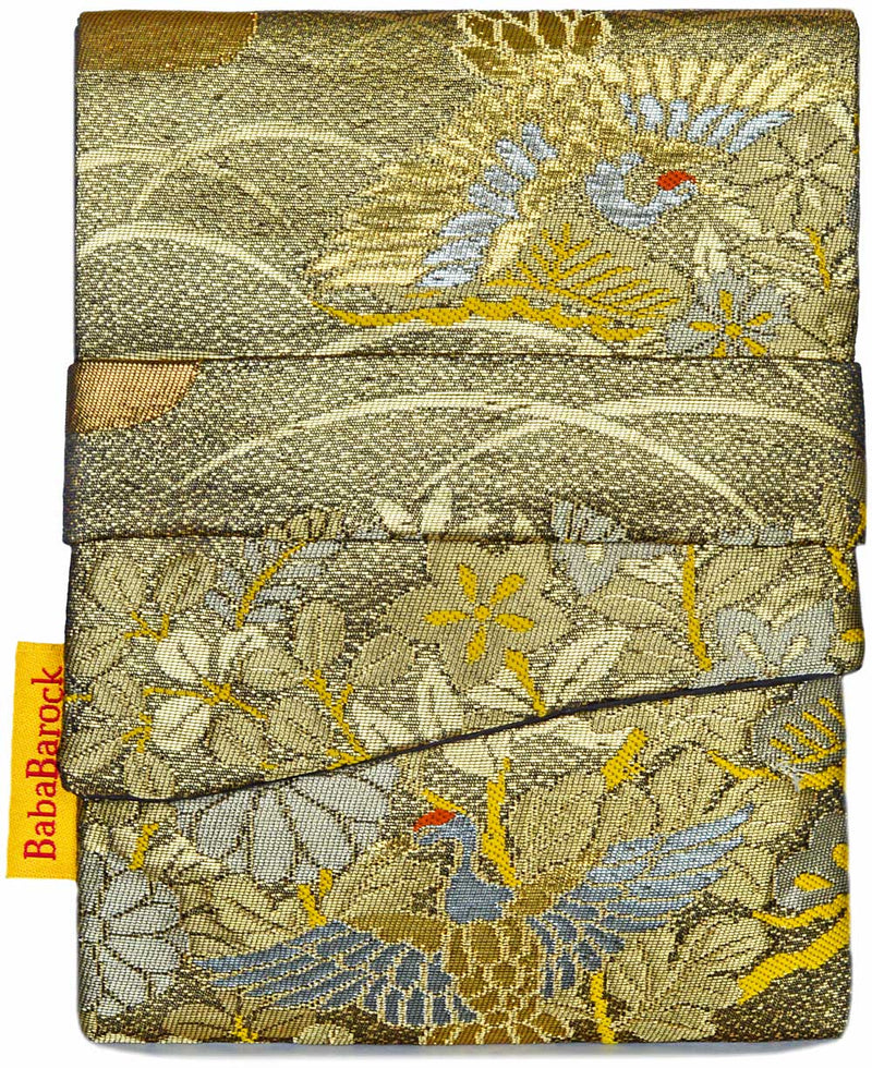 Bronze Metallic with Cranes & Flowers - Japanese vintage silk foldover pouch