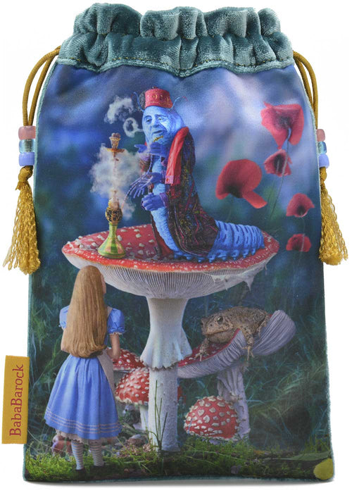 The Alice Tarot bag - Alice and the Caterpillar drawstring pouch in teal silk velvet