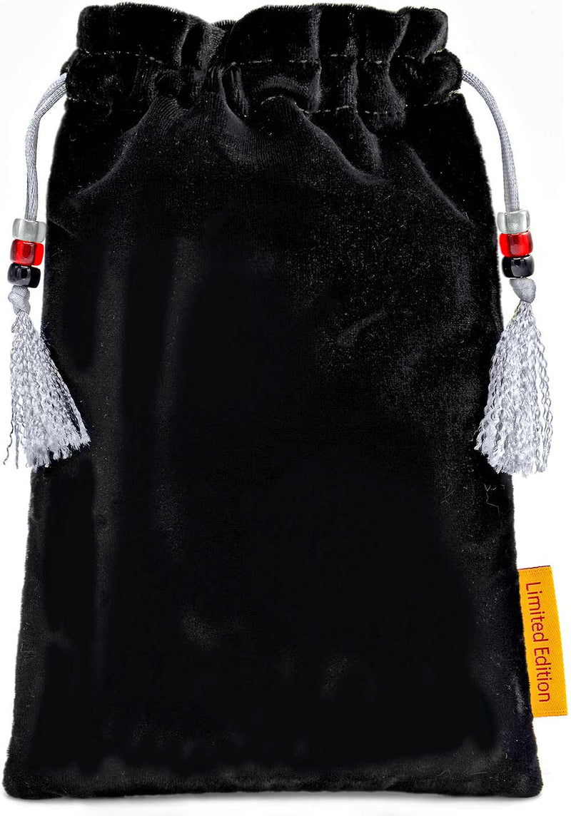 Strength — limited edition drawstring bag in black silk velvet.