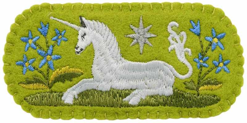 Medieval Unicorn embroidered hair slide - green