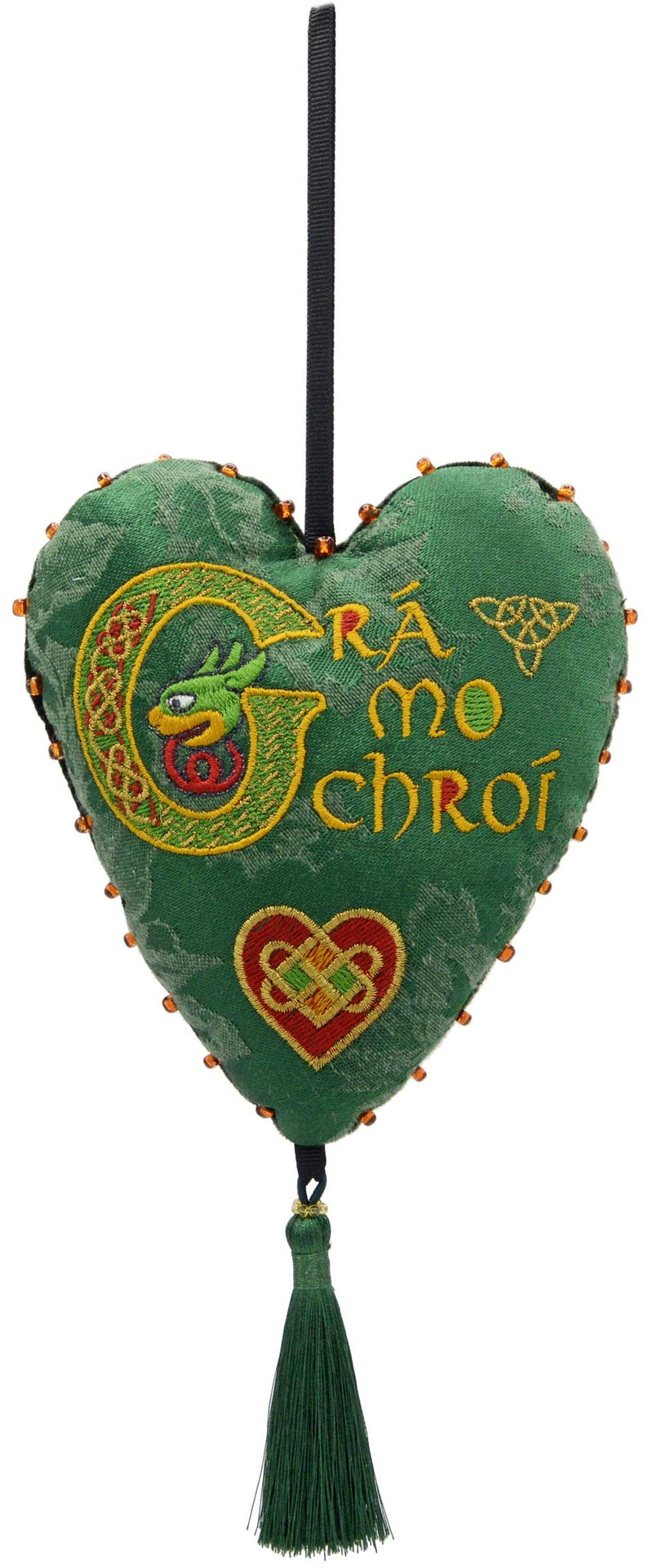 Irish charm, embroidered silk brocade, Celtic love heart charm by BabaBarock