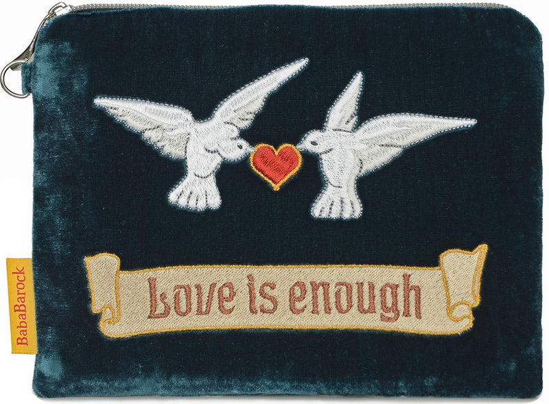 embroidered, arts and crafts design, william morris, love is enough, tarot pouch, doves, valentines, wristlet, silk velvet, doves and hearts, clutch bag