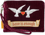 arts and crafts, william morris, love is enough, tarot pouch, doves, valentines, wristlet, silk velvet, doves and hearts, evening bag