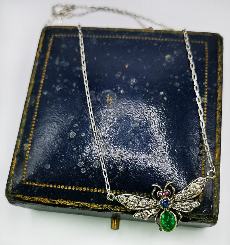 Antique, original 19th century silver fly pendant and chain with diamonds, ruby, sapphire and emerald. Antique jewellery, insect jewelry,