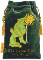 The Lion eating the Sun. Embroidered alchemical drawstring bag in silk velvet.
