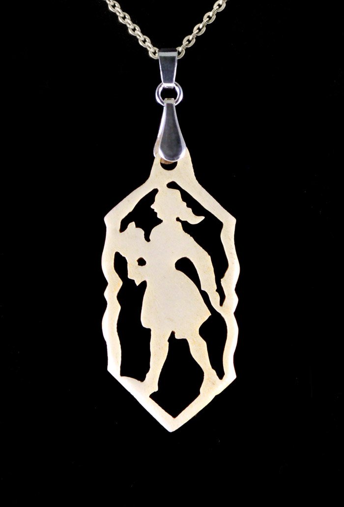 Antique 1920s vintage handmade hand carved bone pendant necklace. Girl with bouquet