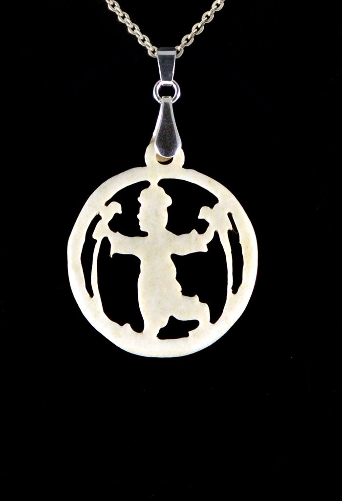 Estate jewelry Necklace Fairytale boy with parrots hand carved handmade bone ivory antique vintage pendant