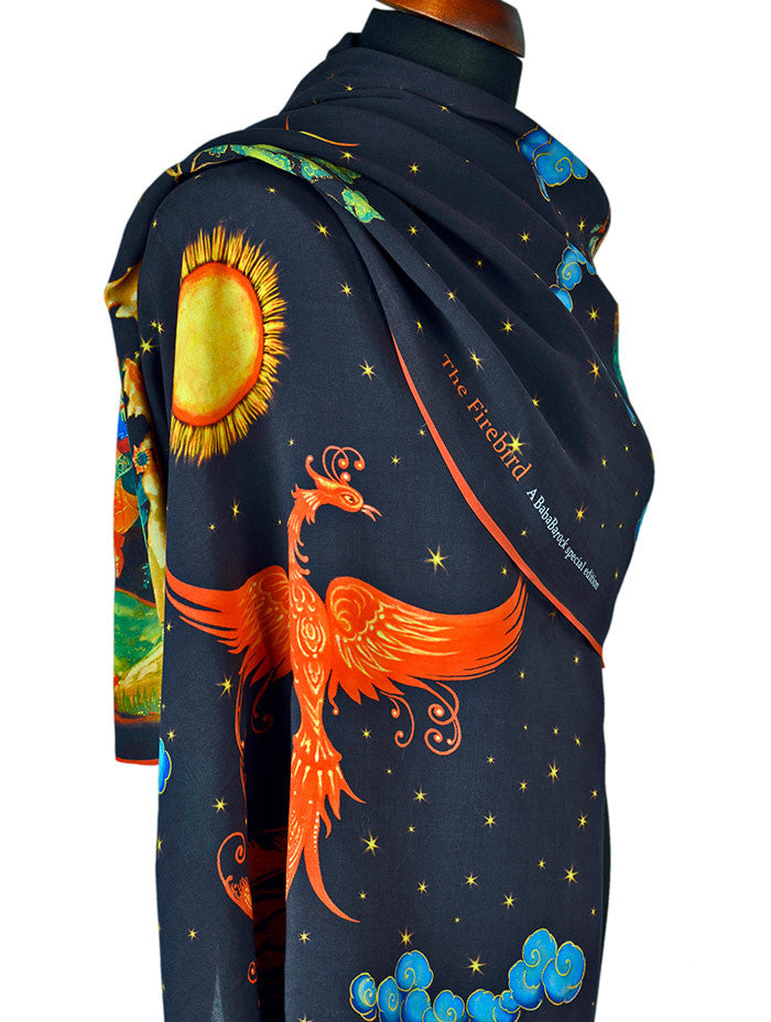 Baba Studio printed scarves with The Firebird design. Viscose scarf / wrap with hand rolled hem