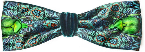 Satin headband with beetle design. Printed headbands in teal silk velvet by Baba Studio