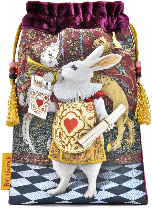 The Herald from The Alice Tarot. A silk velvet Alice in Wonderland tarot bag showing The White Rabbit