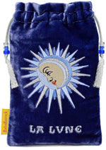 La Lune - embroidered drawstring bag with soft sapphire blue silk velvet