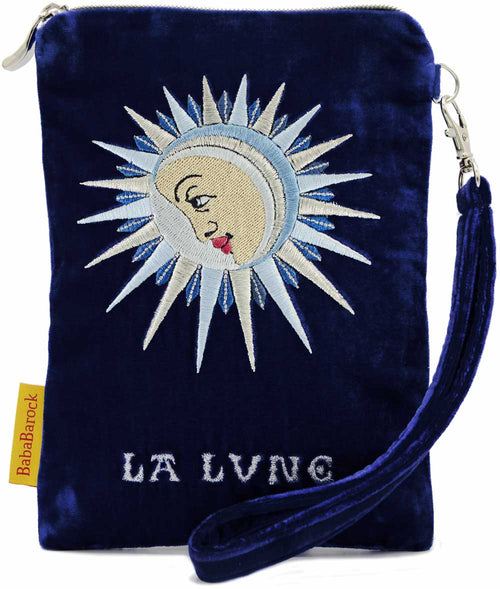 La Lune wristlet bag in silk velvet. Tarot pouch with strap in royal blue.