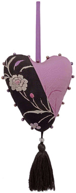 Love heart in antique fabric, stuffed heart charm in kimono silk, embroidery