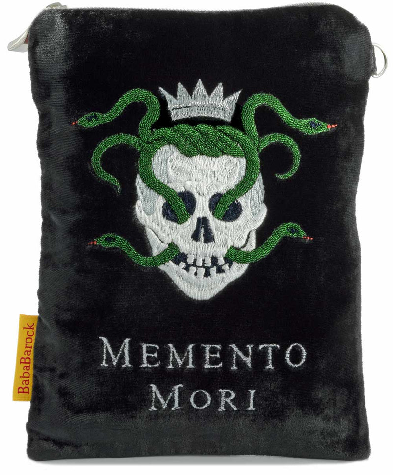 Memento Mori tarot bag, Gothic design skull snakes, embroidered wristlet