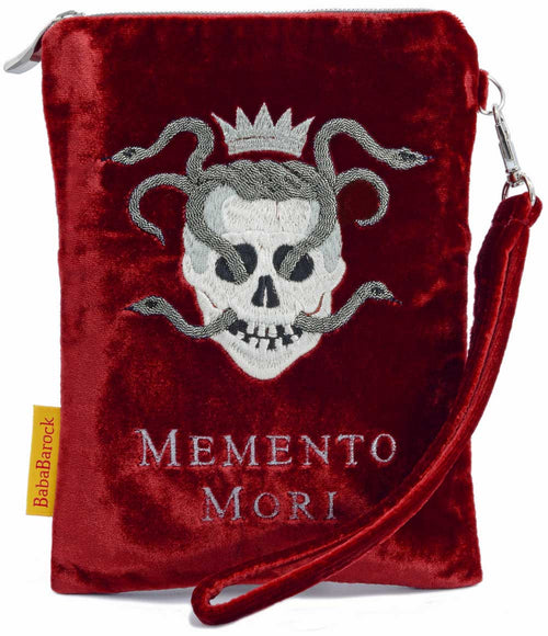 Memento Mori bag, silk velvet tarot pouch, red wristlet with skull, snakes