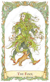 mythical creatures tarot, the fool, tarot fool, green man, fool with cat, amadan dubh, hand-painted, water colour, bababarock, tarot card deck, TdM, fantastical creatures tarot, tarot de marseilles