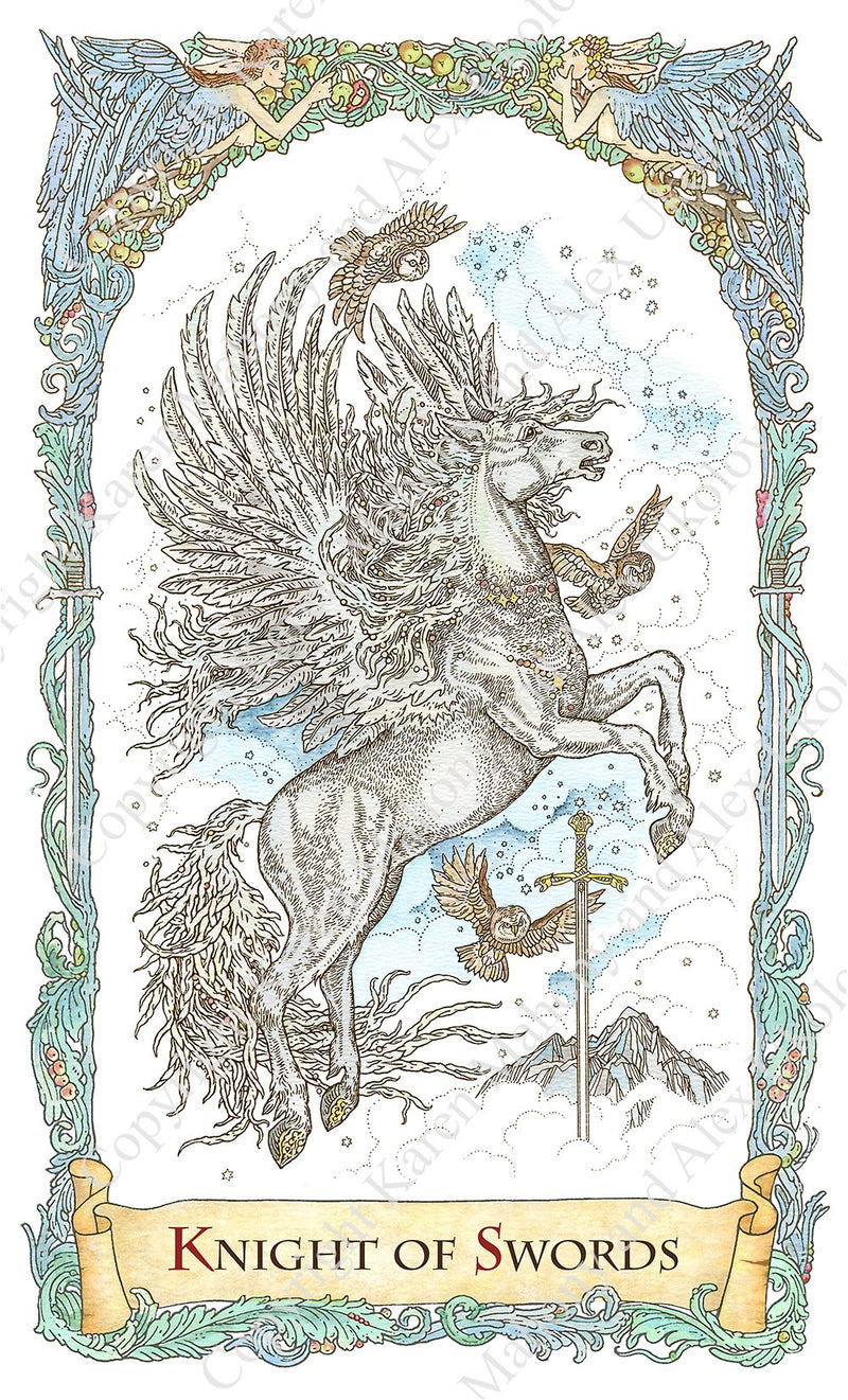 mythical creatures tarot, pegasus, horse with wings, knight of swords,TdM, hand-painted, water colour, bababarock, tarot cards, fantastical creatures tarot, tarot de marseilles