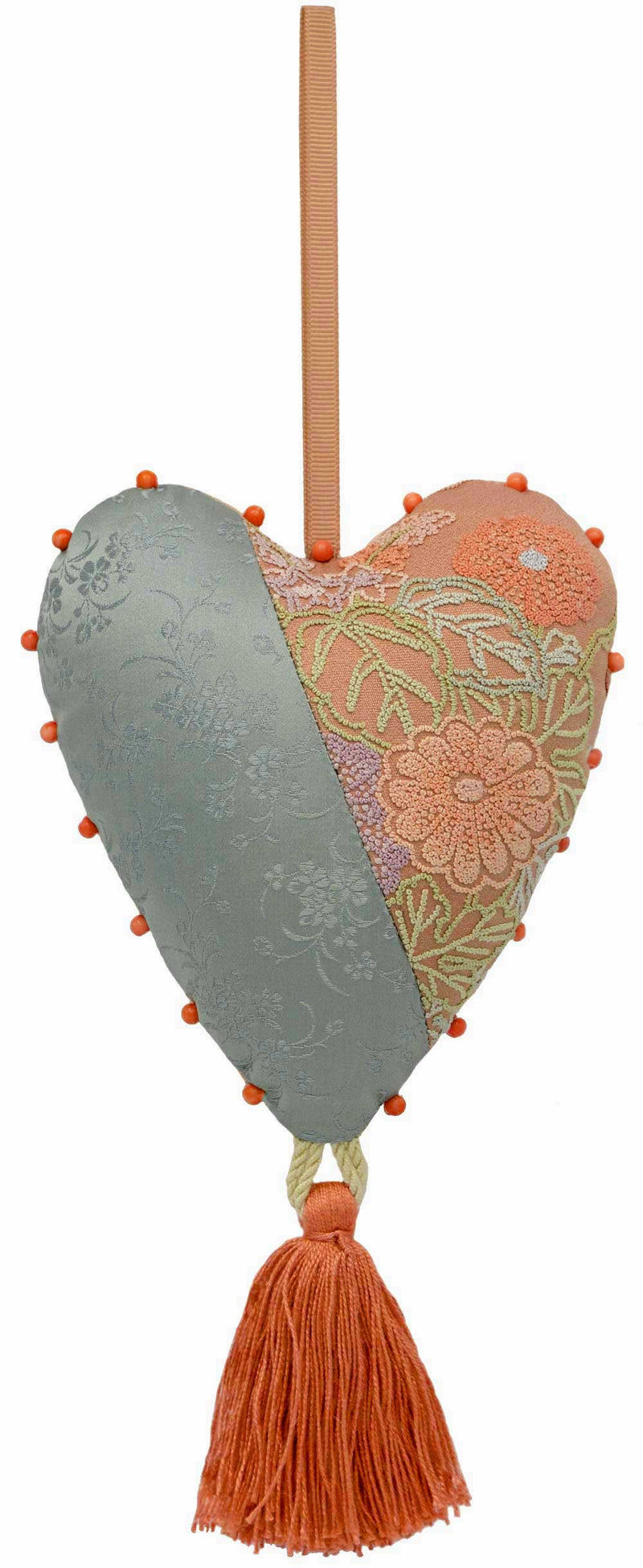 Love Heart Charm in Japanese kimono & antique brocade - natural coral beads