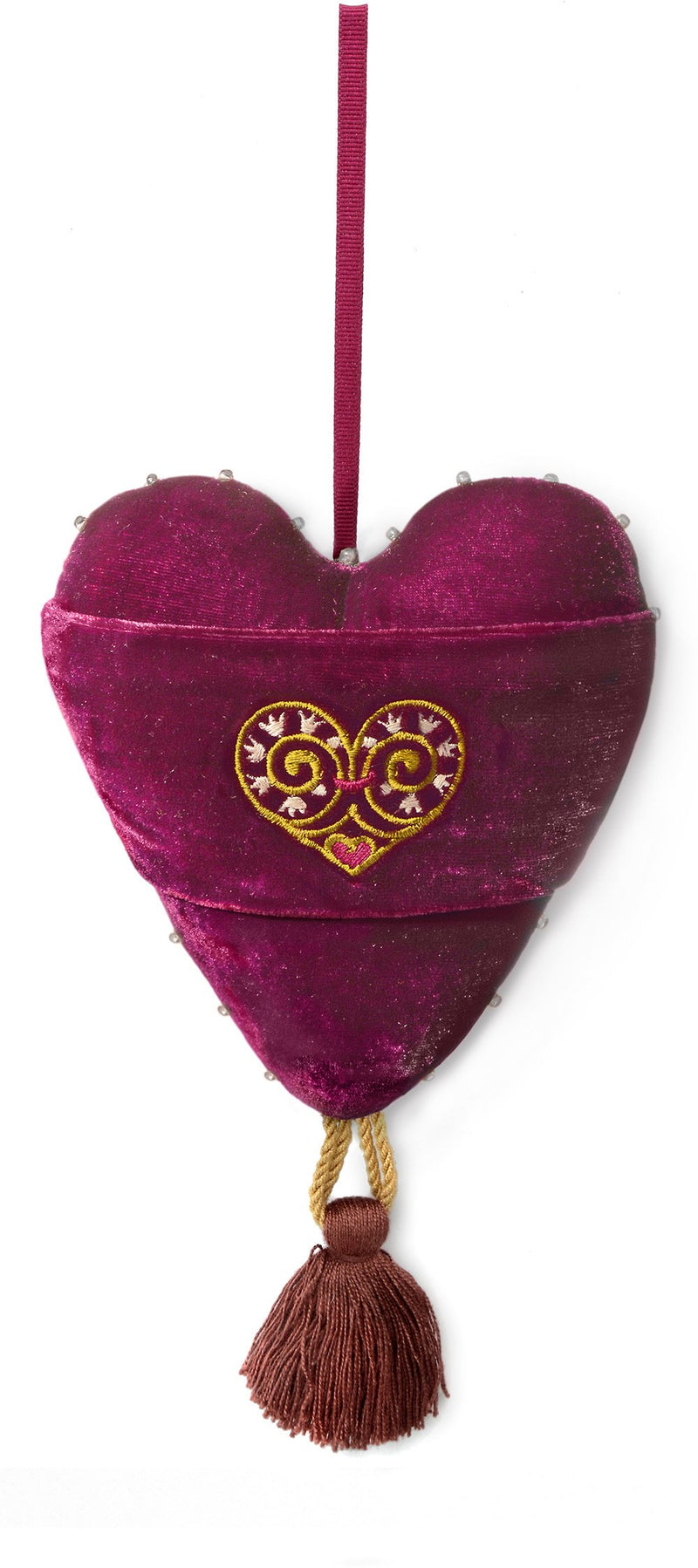 back of stuffed heart, victorian striped fabric, love is enough, heart charm, romantic heart, handmade heart, stuffed heart, valentine heart, hand sewn, silk velvet