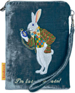 "I'm Late!" - White Rabbit silk velvet embroidered wristlet.  Blue teal.