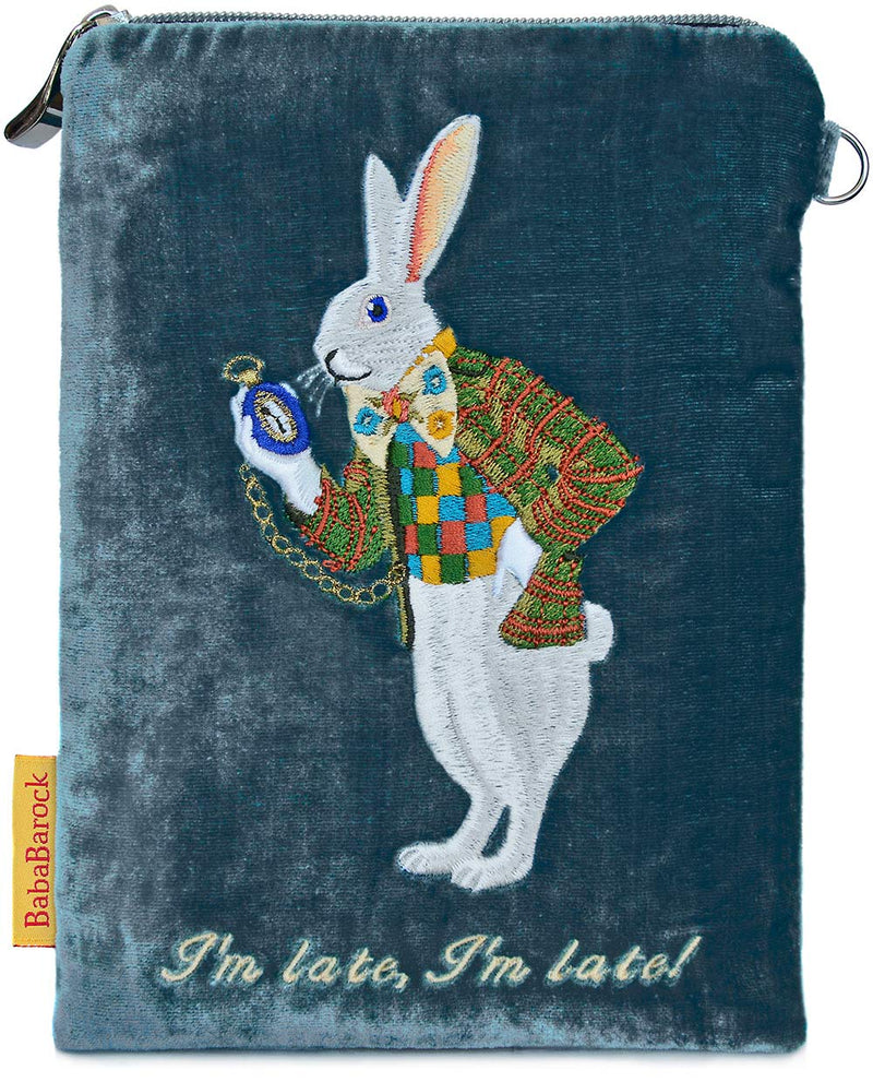 "I'm Late!" - White Rabbit silk velvet embroidered wristlet.  Blue teal.