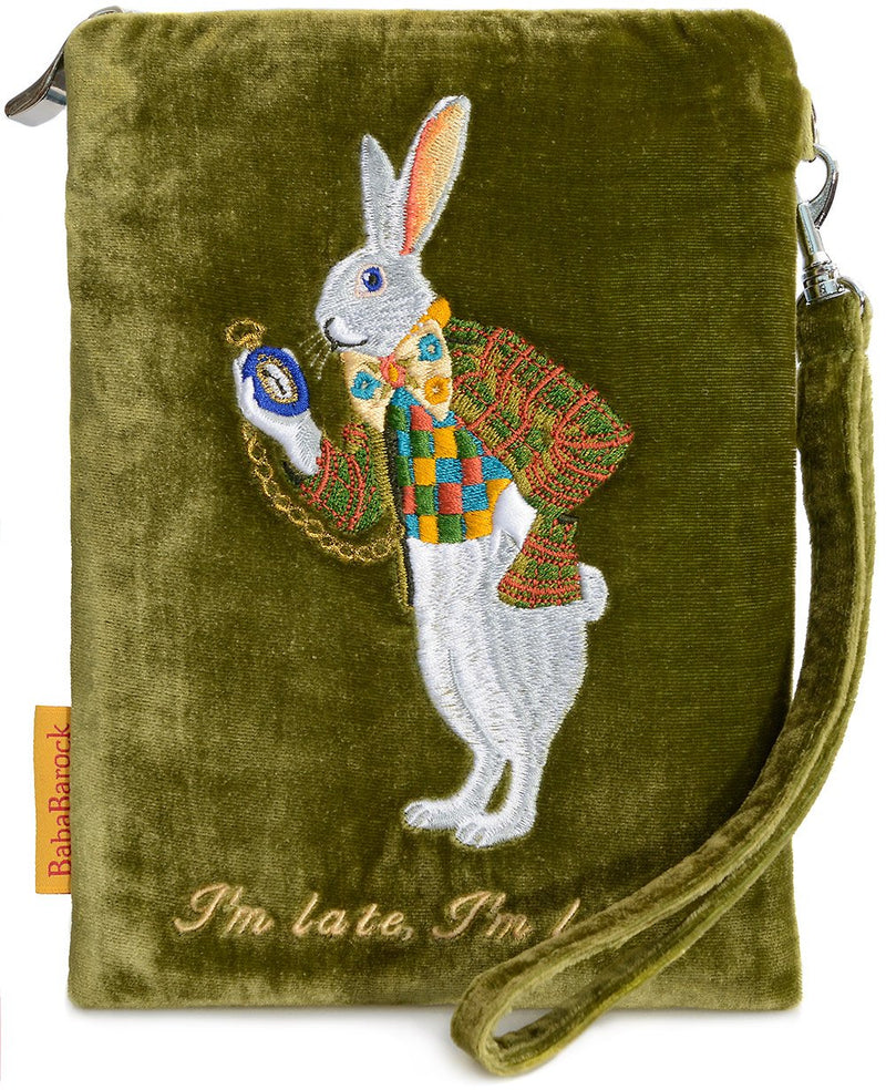 white rabbit, alice in wonderland, I'm late, embroidered, silk velvet, wristlet, evening bag,pouch,Alice au pays des merveilles, Alice im wunderland