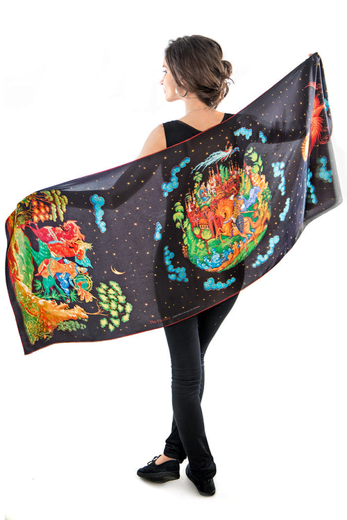 Printed scarves with The Firebird design. Viscose scarf / wrap by Baba Studio.