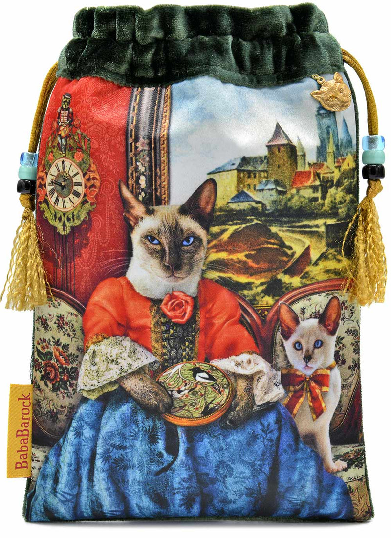 Bohemian Cats, The Siamese Needlewoman — limited edition bag with dark green silk velvet