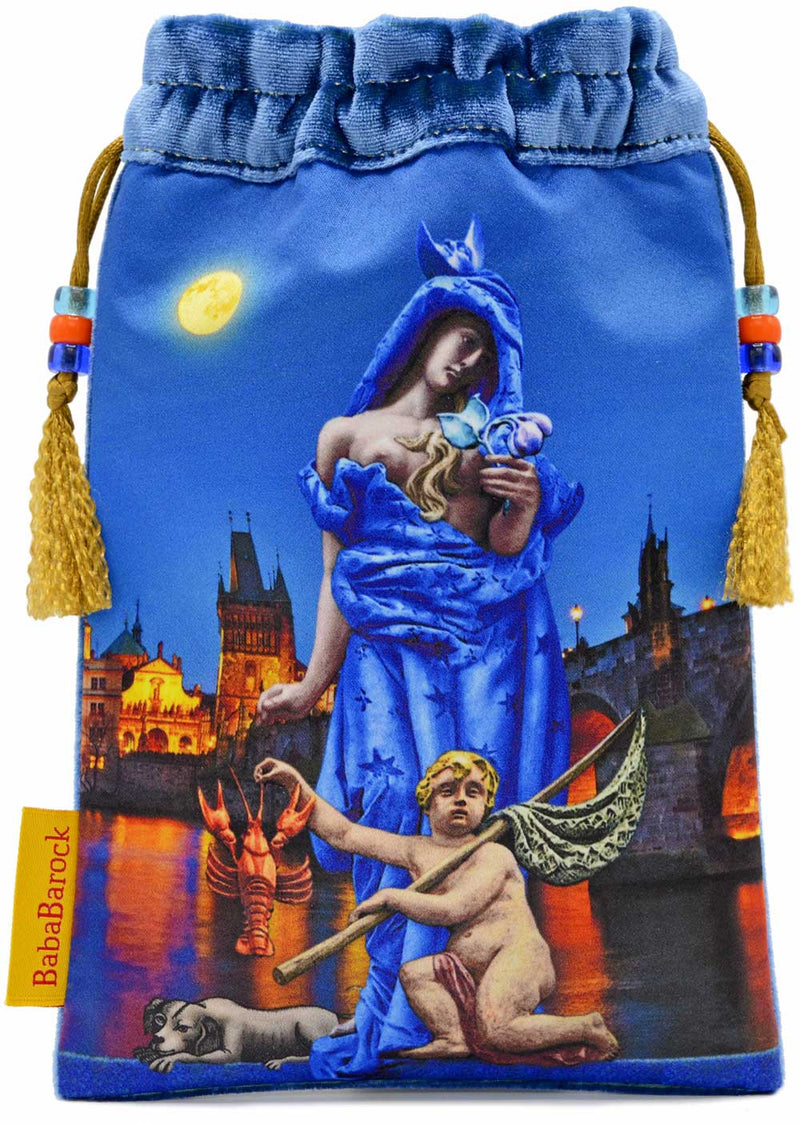 The Moon, Tarot of Prague - drawstring bag in rich blue silk velvet