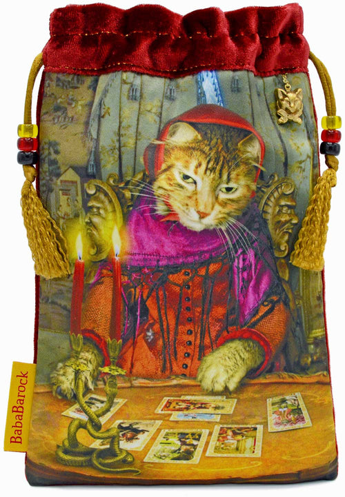 Bohemian Cats bag, The Tarot Reader drawstring pouch in red silk velvet