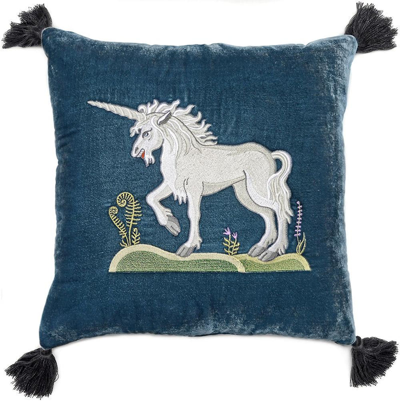 Unicorn, cushion, pillow, silk velvet, embroidered, medieval unicorn, unicorn embroidery