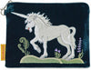 unicorn embroidery, embroidered unicorn, silk velvet bag, wristlet,  medieval unicorn, wristlet, medieval embroidery