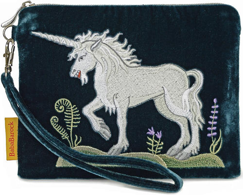 unicorn embroidery, embroidered unicorn, silk velvet bag, medieval unicorn design, embroidered wristlet, medieval embroidery