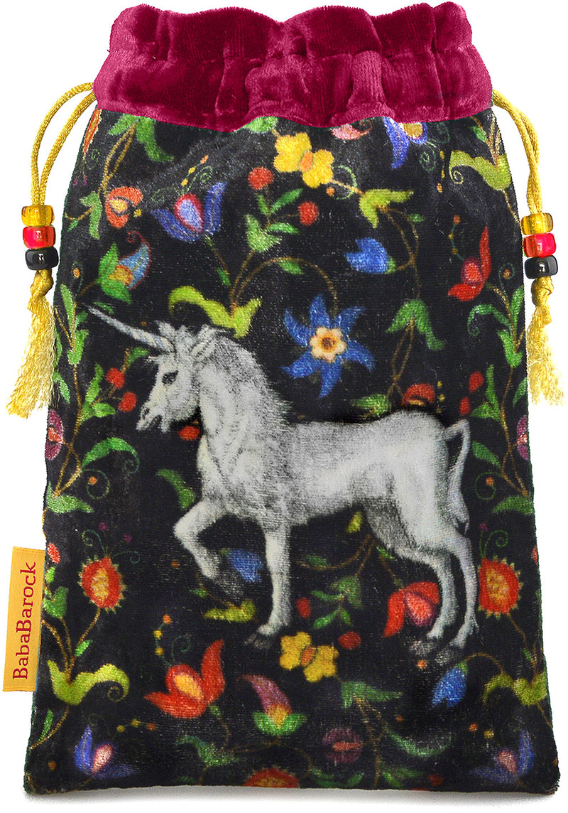 The Unicorn bag. Printed on silk velvet. Burgundy red velvet version.