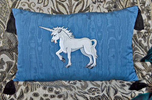 Unicorn cushion, embroidered pillow, vintage fabric, designed by Baba Studio