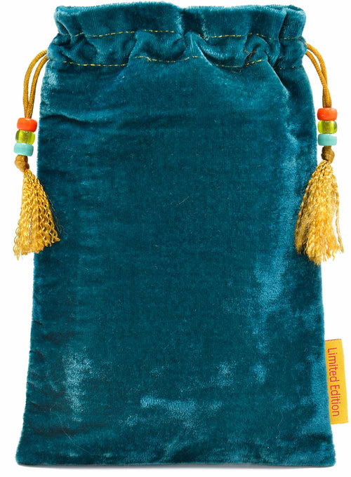 Tarot romantique victorien - sac à cordon brodé en velours de soie bleu sarcelle