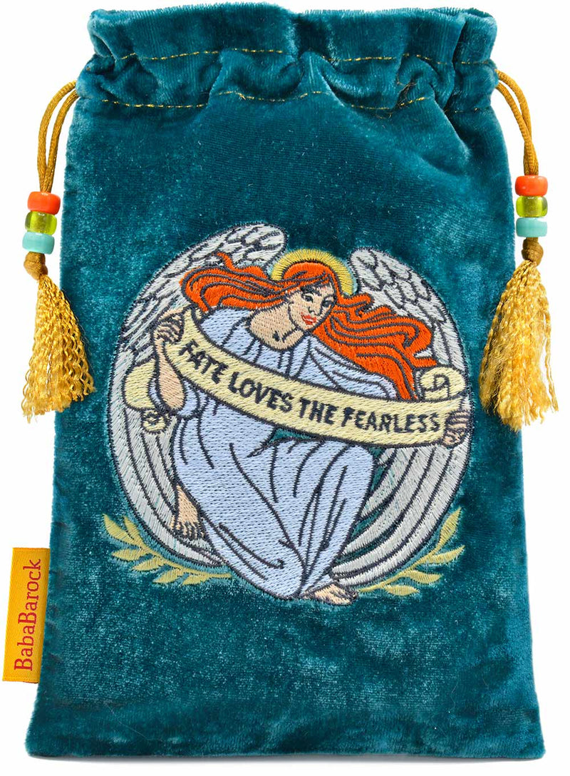 Tarot romantique victorien - sac à cordon brodé en velours de soie bleu sarcelle