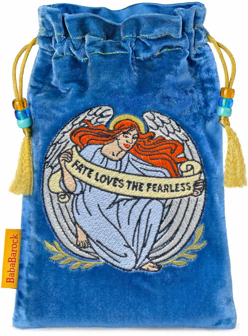 Tarot romantique victorien - sac à cordon brodé en velours de soie bleu ciel