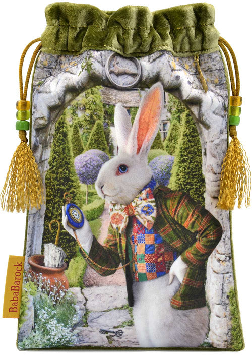 Tarotbeutel, Tarotkarten with The White Rabbit from The Alice Tarot. Silk velvet tarot bag with print of The White Rabbit