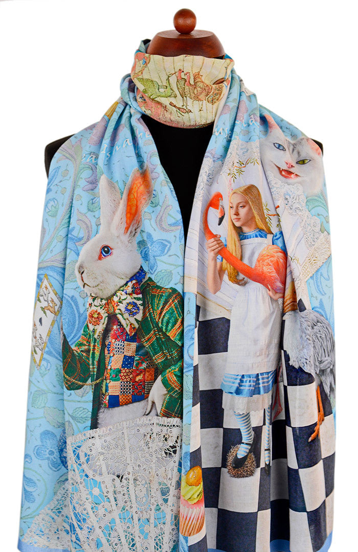 Alice in Wonderland scarves, printed viscose wraps, The White Rabbit design in sky blue