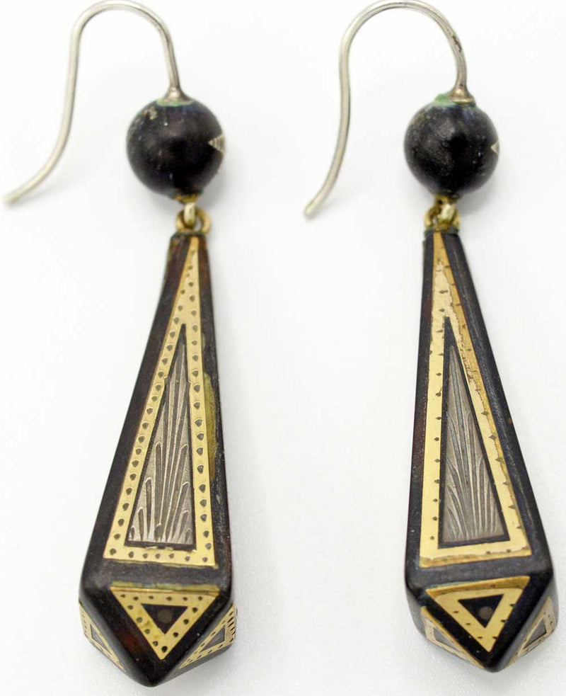 Antique pique earrings - Victorian pique drop earrings, vintage earrings with silver and gold on tortoiseshell.  