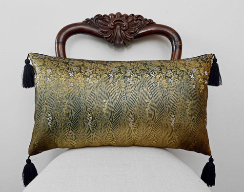 kimono cushion, japanese obi, silk, velvet, vintage fabric, gold and black cushion, pillow, metallics, decorative pillow, tassels