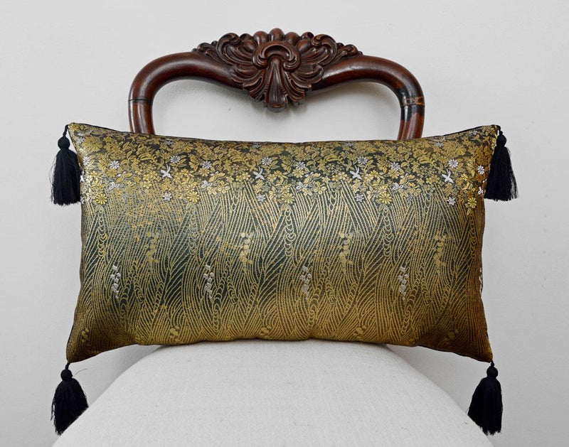 kimono cushion, japanese obi, silk, velvet, vintage fabric, gold and black cushion, pillow, metallics, decorative pillow, tassels