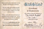 Certificate of Authenticity - handmade art dolls by Baba Studio, The White Rabbit from The Alice Tarot, limited edition dolls in costume.